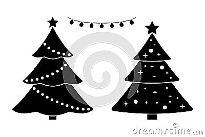 New Year tree black and white vector icon pictogram set. Marry Christmas decoration elements design simple flat style. Vector Illustration