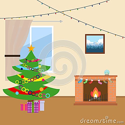 New Year tree near the fireplace Vector Illustration