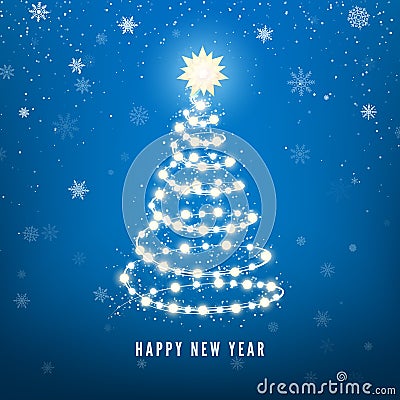 New Year Tree silhouette made of Christmas lights on blue background. Magic Chistmas snowfall background. Vector illustration Vector Illustration