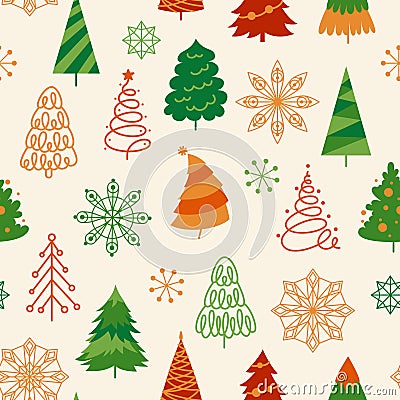 New Year tree snowflake Christmas seamless pattern xmas traditional symbol noel repeat background Vector Illustration