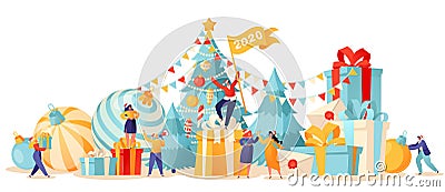 New Year trendy card. Background with small flat cartoon people characters that preparing for holiday. Vector Illustration