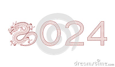 2024 New Year typography with Chinese dragon line art illustration. Vector Illustration