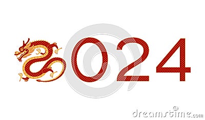 2024 New Year typography with Chinese dragon line art illustration. Vector Illustration