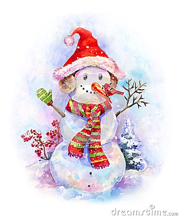 New year watercolor. Funny snowman in Christmas hat and red-green striped scarf on snow background. New year postcard Cartoon Illustration