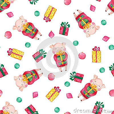 New Year watercolor seamless pattern with cute pigs, Christmas gifts and snowflakes Stock Photo