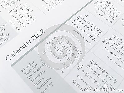 2022 New year Weekly Calendar, Vertical page. Stock Photo