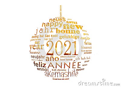 2021 new year white and gold multilingual text word cloud greeting card in shape of a christmas ball Stock Photo
