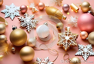 New Year Wishes! Top-view photo of chic tree decorations, golden Stock Photo