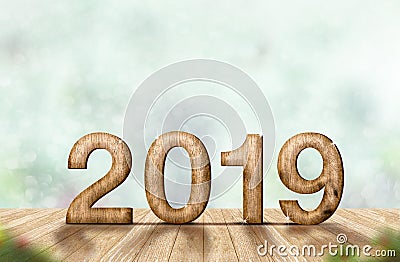 New year 2019 wood number 3d rendering on wooden plank table a Stock Photo