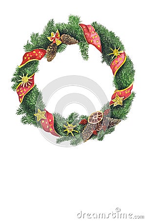 New year wreath with toys and fir branches, inscription congratulations. PNG background Stock Photo