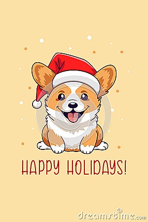 New Year's card vector template. Cute corgi puppy wearing a Santa Claus hat. Happy New Year inscription Vector Illustration