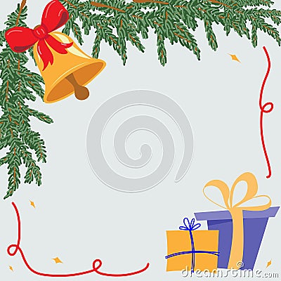 New Year's frame with jingle bell, fir, bow and gifts. Vector illustration, hand drawn. Vector Illustration
