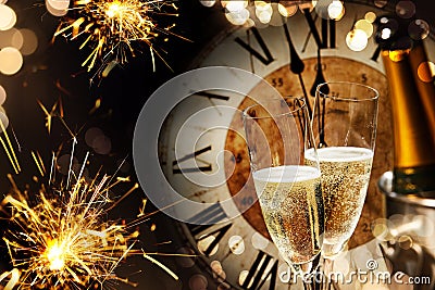 New Years background with sparklers and champagne Stock Photo