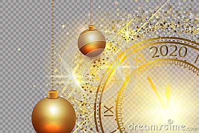 2020 New Years background vintage gold shining clock report time five minutes to midnight. Vector Illustration