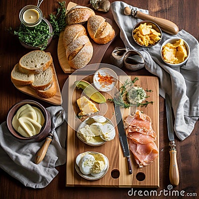 New Years Day Brunch Spread with Bagels and Smoked Salmon Stock Photo