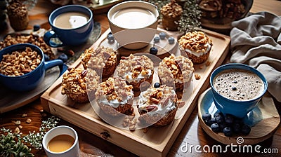 New Years Day Brunch Spread with Muffins, Yogurt, Granola, and Coffee Stock Photo