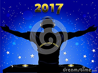 New Years 2017 DJ silhouette and record decks background Stock Photo