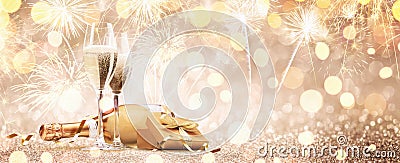 New Years Eve Celebration with Champagne and Fireworks Stock Photo