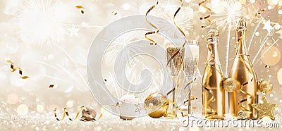 New Years Eve Celebration with Champagne and Confetti Stock Photo