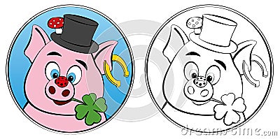 New Years Eve Coloring Sheet Lucky Symbols Pig Clover Vector Illustration