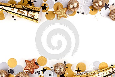 New Years Eve double border of confetti and decor over white Stock Photo