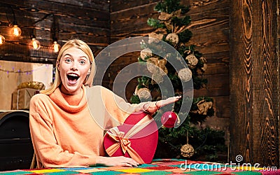 New years eve girl. Give a wink. Portrait of a young smiling woman. Crazy. Crazy comical face. Surprise concept Stock Photo