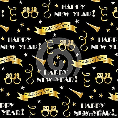 New years eve 2019 pattern with gold banners, glasses, stars and confetti streamers Vector Illustration