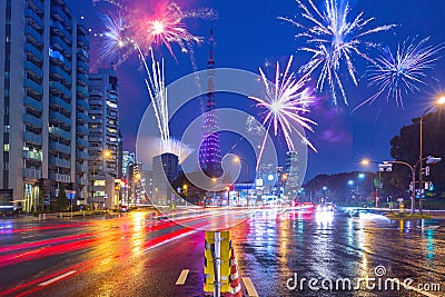 New Years firework display in Tokyo Stock Photo