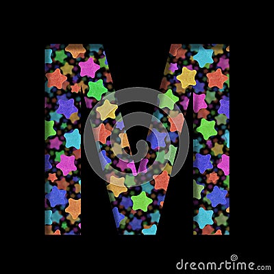 New Years font. The letter M cut out of black paper on the background of bright colored stars of different sizes. Set of New Year Stock Photo