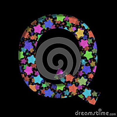 New Years font. The letter Q cut out of black paper on the background of bright colored stars of different sizes. Set of New Year Stock Photo