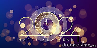 New Years holiday banner. New Year countdown clock on glittering midnight sky with effect bokeh. Purple and dark blue abstract Vector Illustration