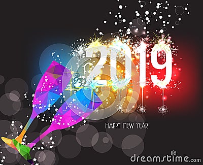 New Years 2019 polygonal colorful triangle glass and fireworks background Vector Illustration