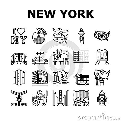 New York American City Landmarks Icons Set Vector Stock Photo