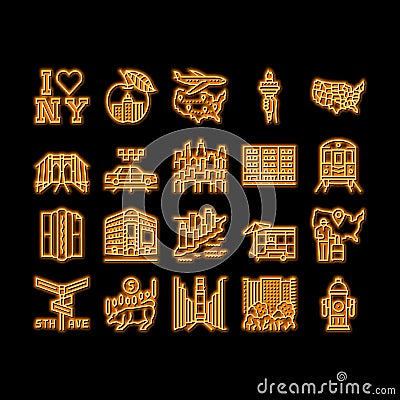 New York American City Landmarks neon glow icon illustration Vector Illustration