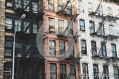 New York brick buildings with outside fire escape stairs Stock Photo