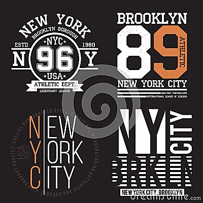 New York, Brooklyn typography for t-shirt print. Sports, athletic t-shirt graphics set. Badge collection Vector Illustration