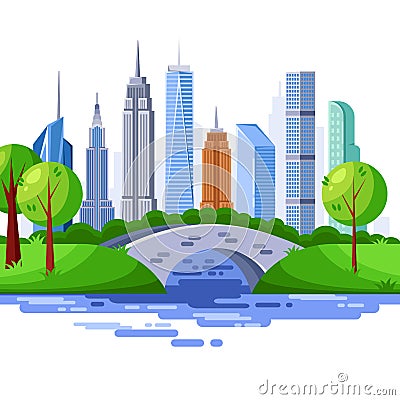 New York central park and urban skyscraper buildings. Vector cityscape illustration Vector Illustration