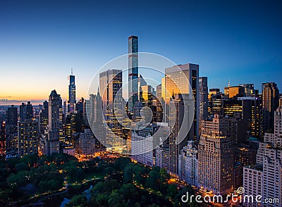New York city - amazing sunrise over central park and upper east side manhattan - Birds Eye / aerial view Stock Photo