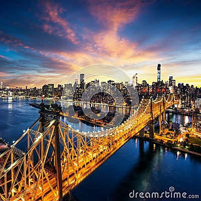 New York City - Amazing sunset over manhattan with Queensboro bridge Stock Photo