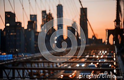 New York City Brooklyn Bridge defocused abstract city night lights background Stock Photo