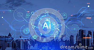 New York city buildings, digital AI hologram and chat bot connection Stock Photo