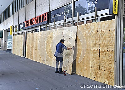 Boarded retail stores in Manhattan New York Editorial Stock Photo