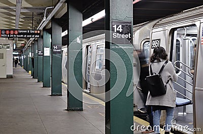 New York City Commuters on 14th Street Subway Metro Transit Underground Travel Editorial Stock Photo