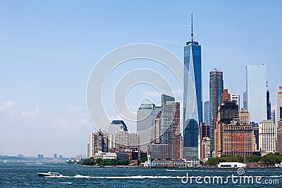 New York City at Lower Manhattan skyscrapers and One World Trade Center Stock Photo