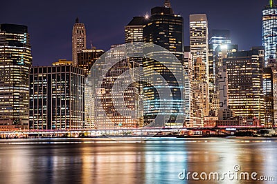 New York City Manhattan Downtown skyscrapers skyline at the night Stock Photo