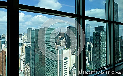 New York City Manhattan midtown aerial panorama view with skyscrapers and blue sky in the day. Editorial Stock Photo