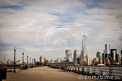 Panoramic view of lower Manhattan from Jersey City, NY, USA from a park Stock Photo