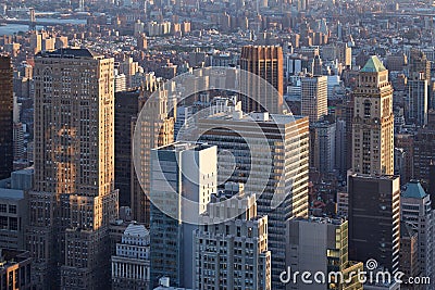 New York City Manhattan skyscrapers aerial view in the sunset Stock Photo