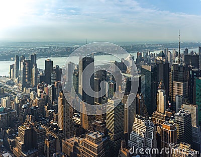 New York City Manhattan street aerial view with skyscrapers Stock Photo