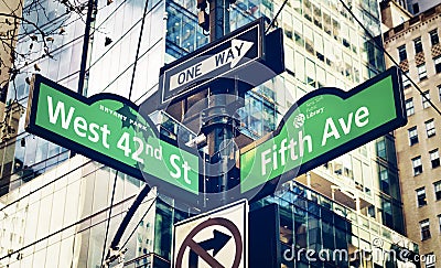 New York City 42nd Street Sign Modern Buildings Background Editorial Stock Photo